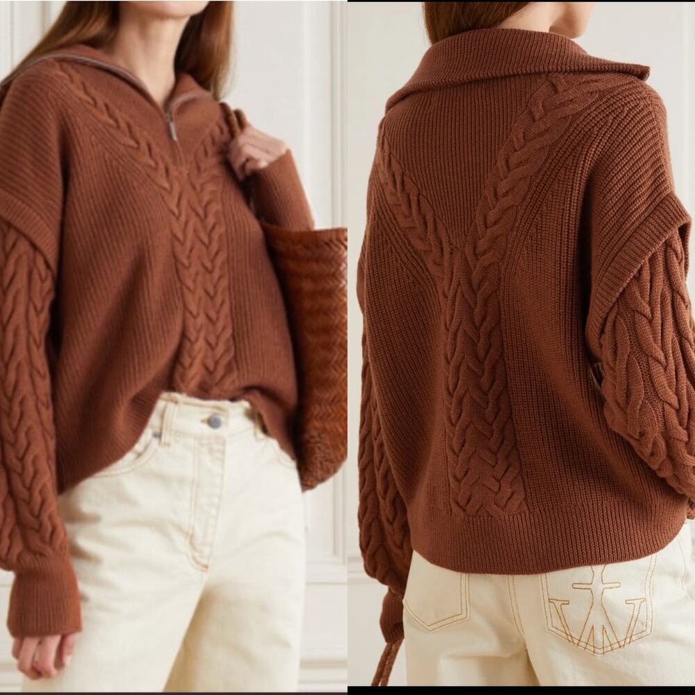 La Ligne Cable Bastien Sweater‎ Rust Brown Merino Wool Half Zip Size XL Soft